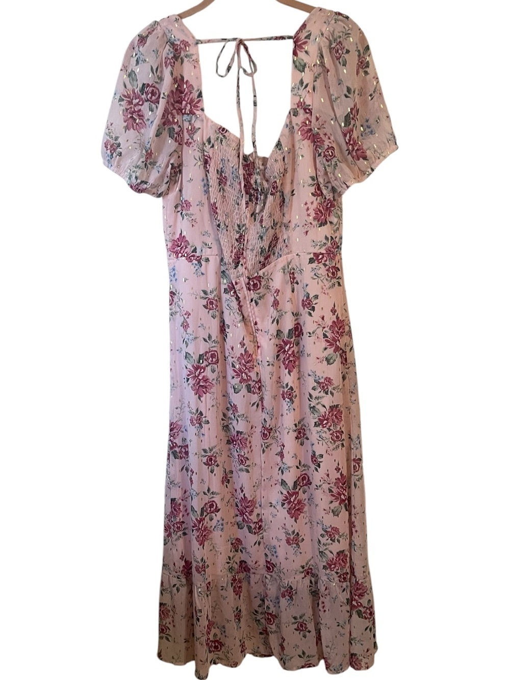 Pink Floral Puff Sleeve Tie Back Bohemian Midi Dress SZ LG NWTS!! - Picture 6 of 13